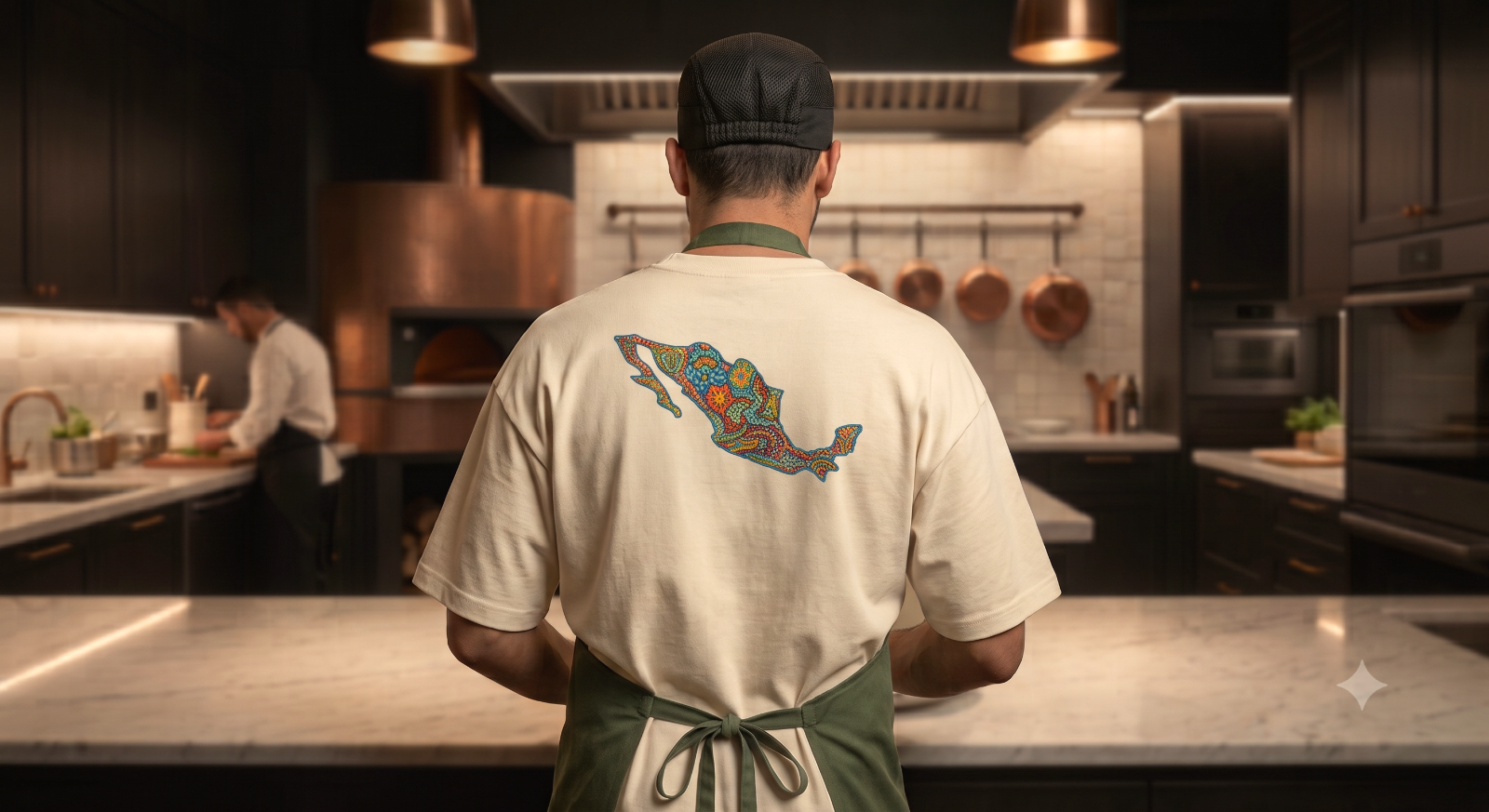 Cocinero de espaldas con playera Hecho en México